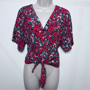 Frnch Paris Floral V-Neck Tie-Front 3/4 Sleeve Top